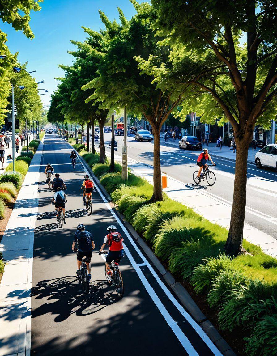 A vibrant urban landscape with cyclists riding through a bustling city, showcasing diverse individuals on eco-friendly bikes. In the foreground, include a maintenance station with tools and bike accessories, emphasizing sustainability. The background features greenery like bike lanes with trees, murals depicting cycling culture, and a clear blue sky. The scene should feel dynamic and inviting, filled with energy and a sense of community. super-realistic. vibrant colors. 3D.