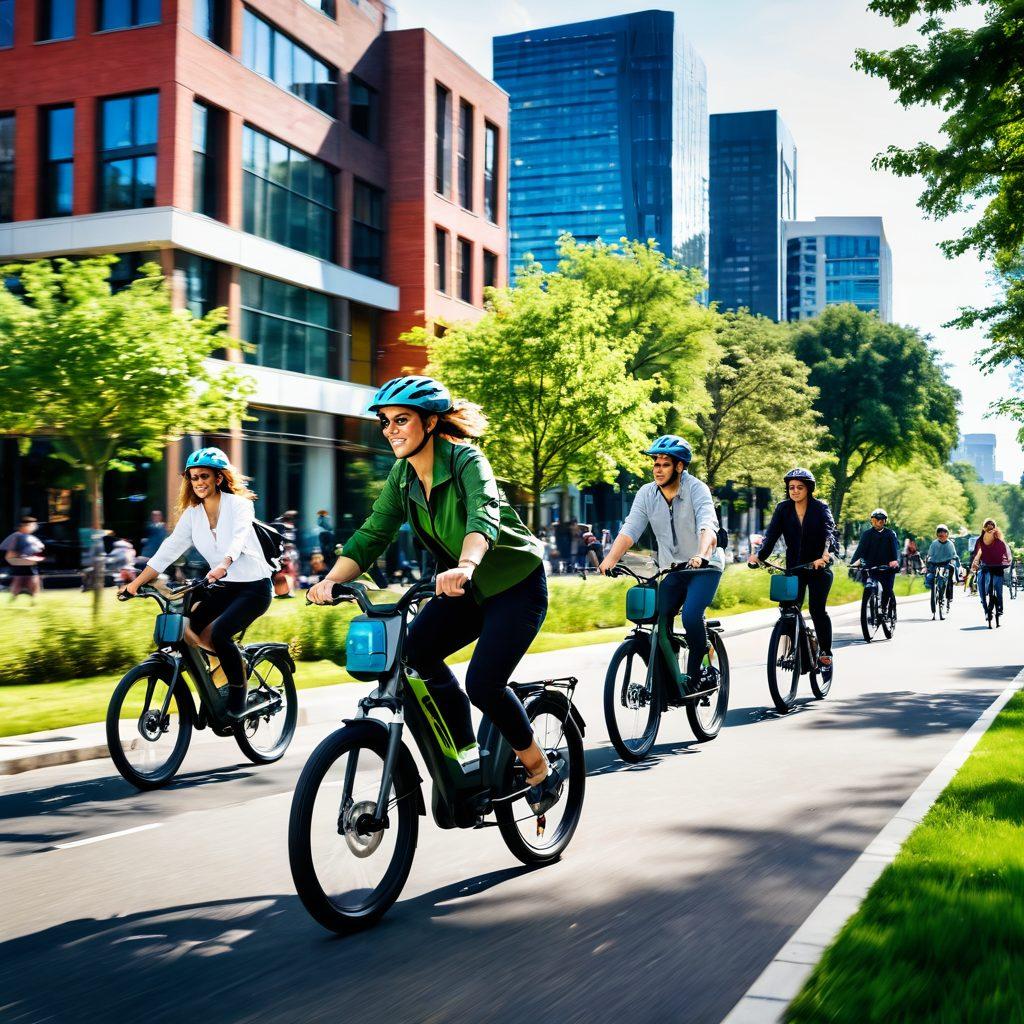 A dynamic urban scene showcasing a diverse group of people riding electric bikes through a bustling city park, with vibrant greenery and modern buildings in the background. Include innovative bike designs and accessories, such as smart helmets and charging stations, to depict the latest trends in electric biking. Capture the excitement and convenience of commuting with electric bikes, emphasizing sustainability and mobility. super-realistic. vibrant colors. urban landscape.