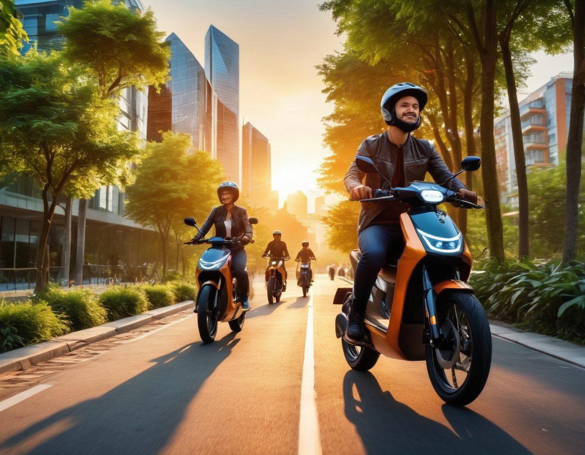 A futuristic scene of electric motorcycles and e-bikes in an eco-friendly urban setting, with lush greenery and solar panels integrated into city architecture. Cyclists wearing stylish helmets, smiling, as they ride on smooth, winding paths. Include a sunset backdrop with vibrant colors, symbolizing innovation and sustainability. Make sure to highlight eco-conscious elements like recycling symbols and trees. super-realistic. vibrant colors.